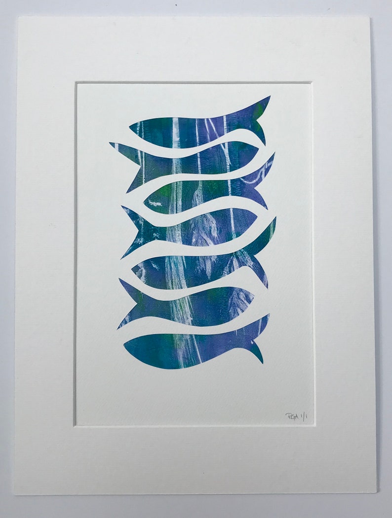 Original monotype mixed-media gelli print, fish shoal, in blues image 3