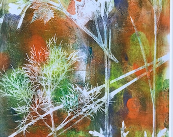 Original monotype mixed-media gelli print, mixed leaves and grasses in autumn shades