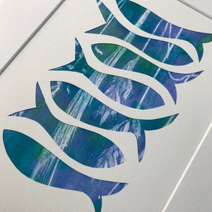 Original monotype mixed-media gelli print, fish shoal, in blues image 5