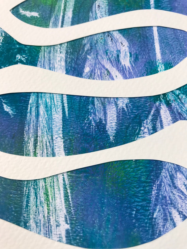 Original monotype mixed-media gelli print, fish shoal, in blues image 8