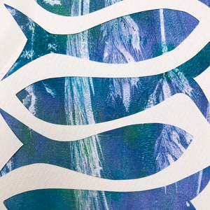 Original monotype mixed-media gelli print, fish shoal, in blues image 6