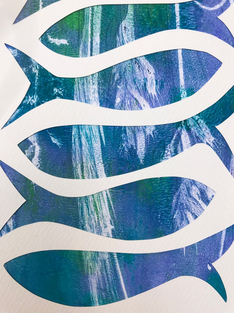 Original monotype mixed-media gelli print, fish shoal, in blues image 6