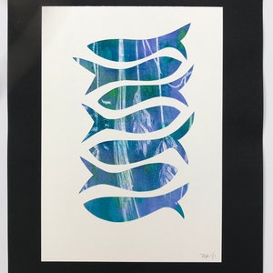 Original monotype mixed-media gelli print, fish shoal, in blues image 4