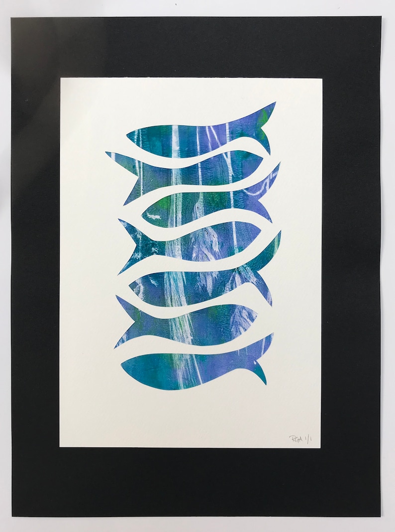 Original monotype mixed-media gelli print, fish shoal, in blues image 4