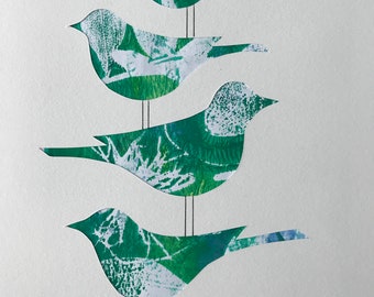 Original monotype mixed-media gelli print, 3 stacked birds, in greens