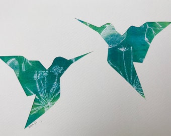 Original monotype mixed-media gelli print, two hummingbirds, in greens