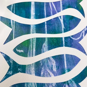 Original monotype mixed-media gelli print, fish shoal, in blues image 7