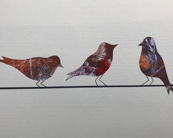 Original monotype mixed-media gelli print, 3 horizontal birds in a line, in autumn shades