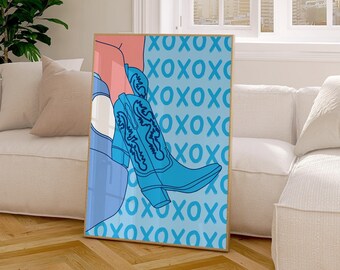 Blue Preppy Cowboy Boots Wall Art, Preppy Dorm Wall Decor, Printable Wall Art, Western Room Decor, Teenager Wall Art, College Room Poster