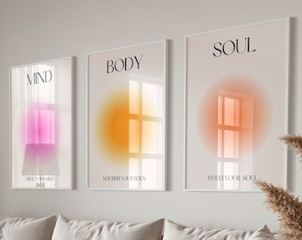 Mind Body Soul Print, Positive Aura Poster, Spiritual Set of 3 Prints, Retro Gradient Wall Art ,Y2k Trendy Wall Art, Aesthetic Room Decor