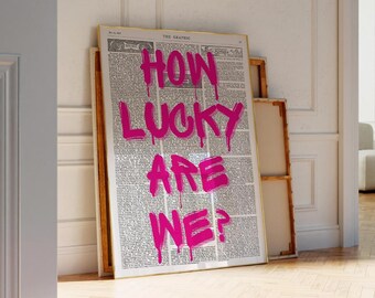 How Lucky Are We Print, Retro Newspaper Print, Pink Trendy Wall Art Prints, Retro Bar Car Wall Decor, College Apartment Preppy Room Decor