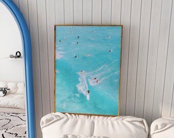 Aerial Surfers Beach Print, Summer Surfing Printable Wall Art, Surfboard Apartment Room Decor, Beach House Prints, Trendy Coastal Poster