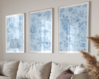 Blue Chinoiserie Wall Art, Vintage Antique Flowers Print, Aesthetic Light Blue Home Decor, College Dorm Room Decor, Floral Print Set of 3