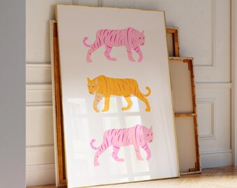 Tiger Wall Art, Pink and Orange Preppy Print, Dorm Room Decor, Trendy Girly Wall Posters, Big Cats Print, Jungle Animal Preppy Wall Art