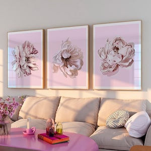 Pink Floral Wall Art, Pastel Peony Flowers Print, Aesthetic Light Pink Home Decor, College Dorm Room Decor, Soft Pink Floral Print Set of 3