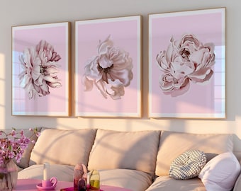 Pink Floral Wall Art, Pastel Peony Flowers Print, Aesthetic Light Pink Home Decor, College Dorm Room Decor, Soft Pink Floral Print Set of 3