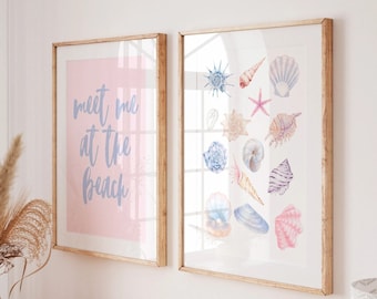 Coastal Cowgirl Wall Art, Seashell Print, Surfing Print Set of 2, Dorm Surfer Girly Prints, Beach House Prints, Pink Ocean Dorm Room Decor