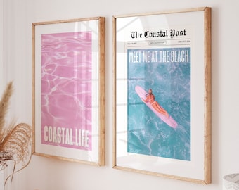 Coastal Cowgirl Wall Art, Surfing Newspaper Print Set of 2, Aerial Surfer Girly Prints, Beach House Prints, Pink Ocean Dorm Room Decor