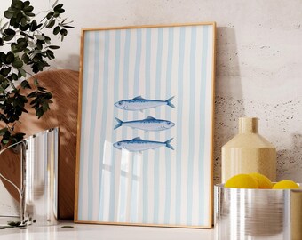 Coastal Sardine Print, Fish Wall Art, Aesthetic Kitchen Decor, Granddaughter Wall Art, Blue Cooking Poster, Trendy Wall Art, Food Art Print