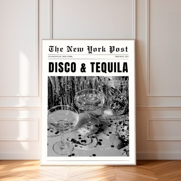 Disco Tequila Vintage Poster, Funky Bar Prints, Bar Cart Black White Poster, Trendy Newspapers Print, College Dorm Room Decor, Vintage Print