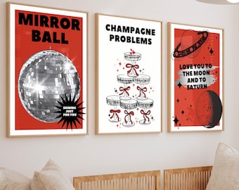 Red Taylor Song Set of 3 Prints, Mirrorball Poster, Champagne Problems Wall Art, Midnights Album,  Girly Room Decor, College Dorm Poster