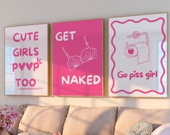 Pink Bathroom Gallery Wall Set, Bathroom Wall Art, Girly Dorm Decor, Get Naked Poster, Preppy Poop Art, Funny Bathroom Print Set of 3