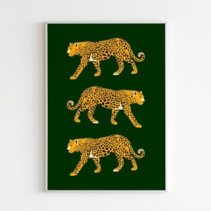 May include: Three yellow and black leopards are walking in a row against a dark green background. The leopards are stylized and have a flat, graphic look.