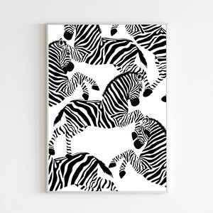 May include: Black and white illustration of zebras in a repeating pattern. The zebras are arranged in a layered, overlapping design, creating a dynamic and abstract look.