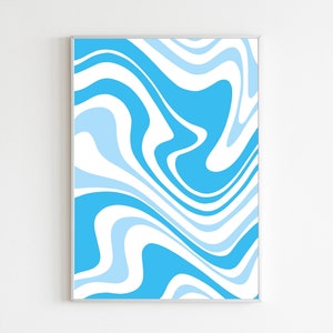 May include: Abstract wall art print featuring a swirling pattern of blue and white lines. The print is framed in a thin silver frame.
