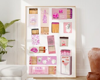 Trendy Matchbox Print, Retro Matches Poster, Bar Cart Poster, Vintage Pink Wall Art, College Dorm Poster, Aesthetic Print for Apartment