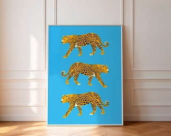 Feline Blue Wall Art, Cheetah Poster, Leopard Poster, Tiger Illustration, Printable Wall Art, Big Cat Print, Animal Print, Preppy Wall Art