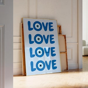 Blue Preppy Wall Art, Love Evil Eye Poster, Dorm Room Decor, Trendy Poster Print, Teenager Wall Art, College Dorm Poster, Typography poster