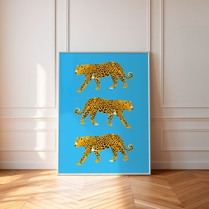 Feline Blue Wall Art, Cheetah Poster, Leopard Poster, Tiger Illustration, Printable Wall Art, Big Cat Print, Animal Print, Preppy Wall Art