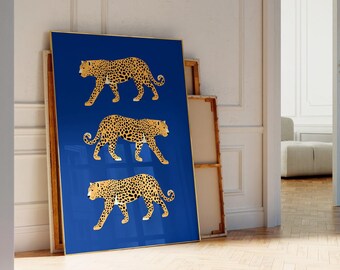 Feline blaue Wandkunst, Gepard Poster, Leopard Poster, Tiger Illustration, druckbare Wandkunst, Raubkatze Druck, Animal Print, adrette Wandkunst