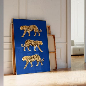 Feline Blue Wall Art, Cheetah Poster, Leopard Poster, Tiger Illustration, Printable Wall Art, Big Cat Print, Animal Print, Preppy Wall Art