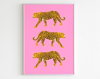 Feline Pink Wall Art, Cheetah Poster, Leopard Poster, Tiger Illustration, Printable Wall Art, Big Cat Print, Animal Print, Preppy Wall Art