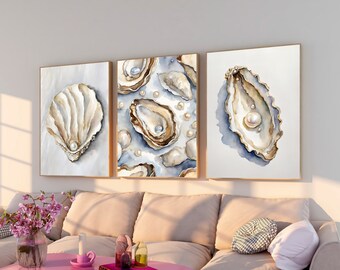 Coastal Oyster Watercolor Print, Seashell with Pearls Wall Art, Beach House Prints, Kitchen Aesthetic Printable Poster, Ocean Sea Dorm Room