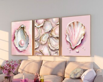 Pink Oyster Watercolor Print, Seashell with Pearls Wall Art, Coastal Beach House Prints, Kitchen Aesthetic Printable Poster, Dorm Dorm Room