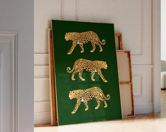 Feline grüne Wandkunst, Gepard Poster, Leopard Poster, Tiger Illustration, druckbare Wandkunst, Raubkatze Druck, Tierdruck, adrette Wandkunst