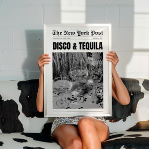 Disco Tequila Vintage Poster, Funky Bar Prints, Bar Cart Black White Poster, Trendy Newspapers Print, College Dorm Room Decor, Vintage Print