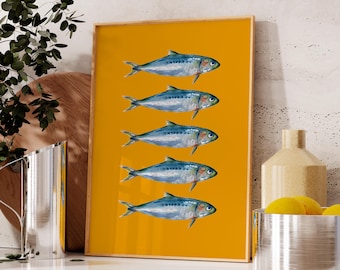Sardines Wall Art Print, Fish Poster, Aesthetic Kitchen Decor, Seafood Wall Art, Yellow Cooking Poster, Trendy Print, Colorful Food Print