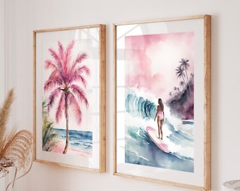 Coastal Cowgirl Wall Art, Pink Surfing Print Set of 2, Watercolour Surfer Girly Prints, Beach House Prints, Pink Palm Ocean Dorm Room Decor