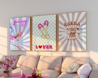 Taylor Poster Set of 3, Swiftie Gift, Karma is a Cat Trendy Poster, Midnights Evermore Album Art, Eras Wall Art, College Dorm Room Decor