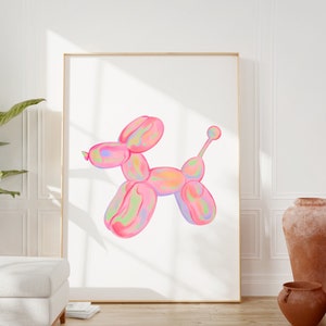 May include: A colorful, pink balloon animal shaped like a dog. The balloon animal is made of multiple balloons, creating a unique and whimsical design.