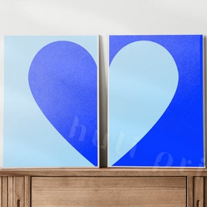Blue Preppy Heart Wall Art, Blue Split Heart Poster, Printable Wall Art, Dorm Room Decor, College Poster Print Set of 2, Teenager Wall Art