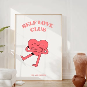 Retro Self Love Club Poster, Red Preppy Wall Art Print, Trendy Print, Aesthetic Room Decor, Positivity Printable Art, College Dorm Poster