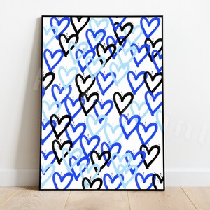 Blue and Black Preppy Heart Wall Art, Heart Poster, Blue Abstract Art, College Dorm Poster, Printable Wall Art, Room Decor, Teenager Prints