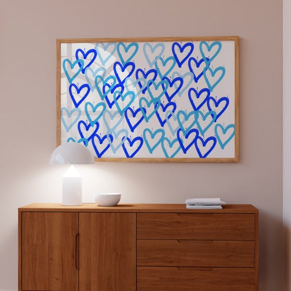 Blue Preppy Heart Wall Art, Blue Abstract Art, Printable Wall Art, Room Decor, Heart Poster Print, Teenager Wall Art, College Dorm Poster