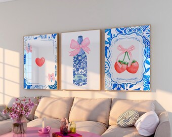 Chinoiserie Style Wall Art, Bar Cart Poster, Aesthetic y2k Bow Print, Champagne Poster, Cherry Strawberry Set 0f 3, College Dorm Room Decor