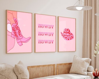 Pink Preppy Western Print Set of 3, Cowgirl Boots Wall Art, Preppy Dorm Wall Decor, Trendy Red Poster, Howdy Room Decor, College Room Poster